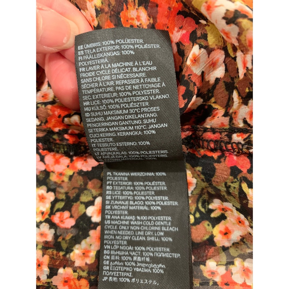 H&M Women Floral Blouse L Orange Black Cottagecore Mock Neck Balloon Sleeve - Picture 6 of 10